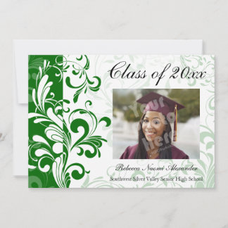 Green Damask Swirl Photo Graduation Announcement