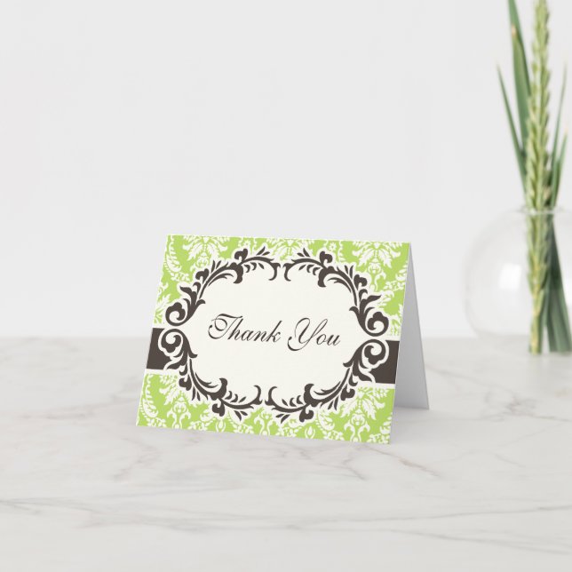 Green Damask Thank You Card (Front)