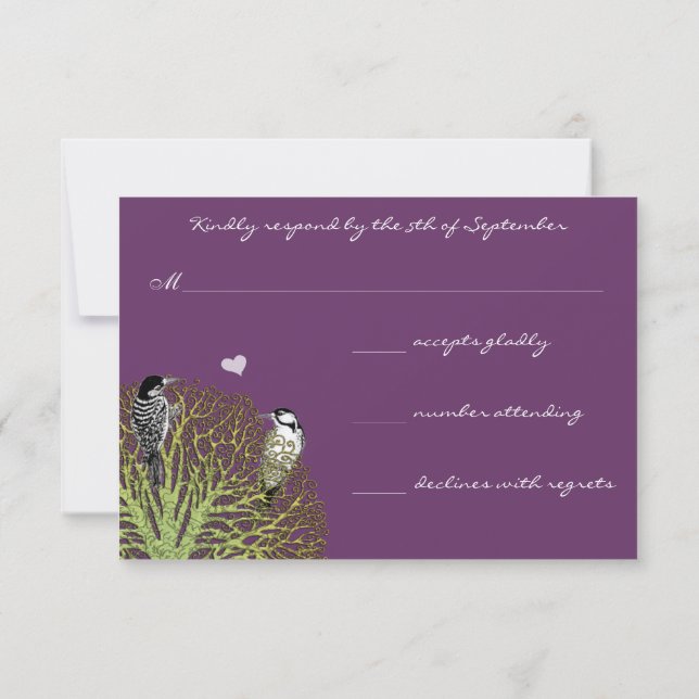 Green Damask Tree RSVP with Vintage Birds (Back)