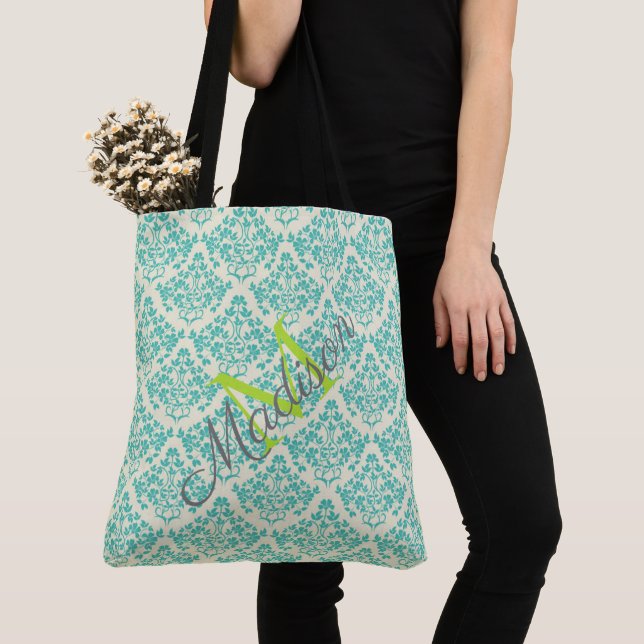 Green Damask Trendy Cute Girly Name Monogram Tote Bag (Close Up)