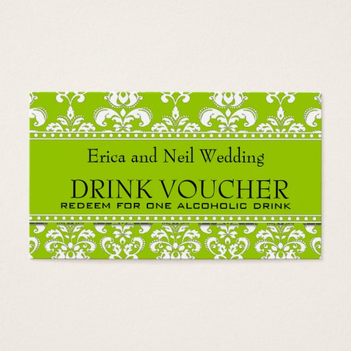 Customizable Green Damask Wedding Drink Voucher for Reception Business Card