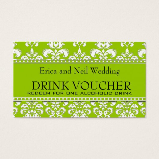 Green Damask Wedding Drink Voucher for Reception (Front)