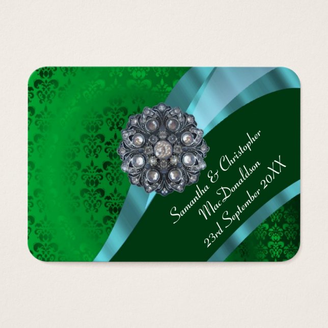 Green damask, wedding favor thank you tag (Front)