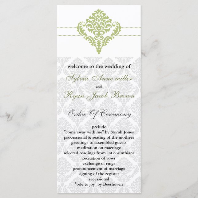 green damask Wedding program (Front)