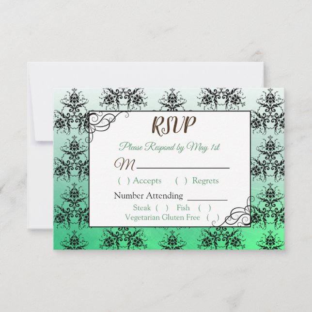 Green Damask Wedding RSVP card (Front)
