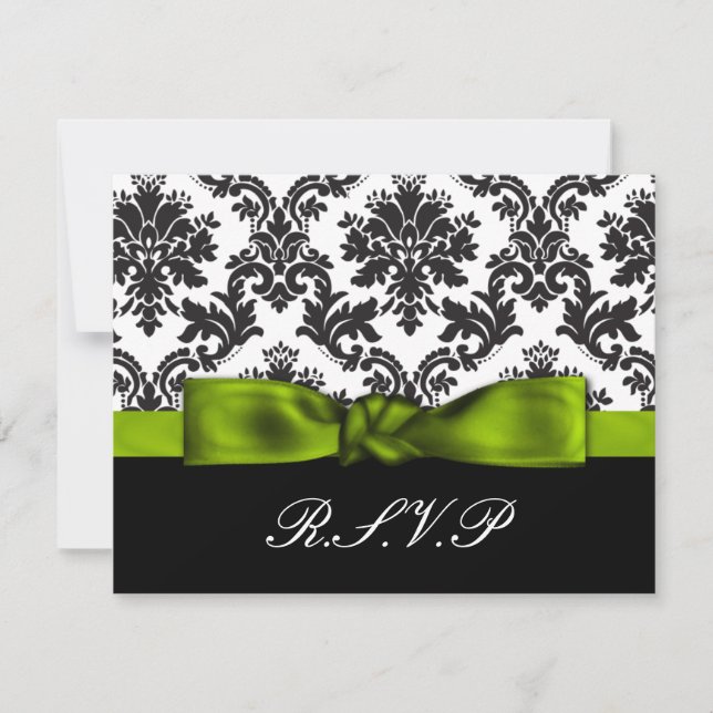 green damask wedding rsvp cards (Front)