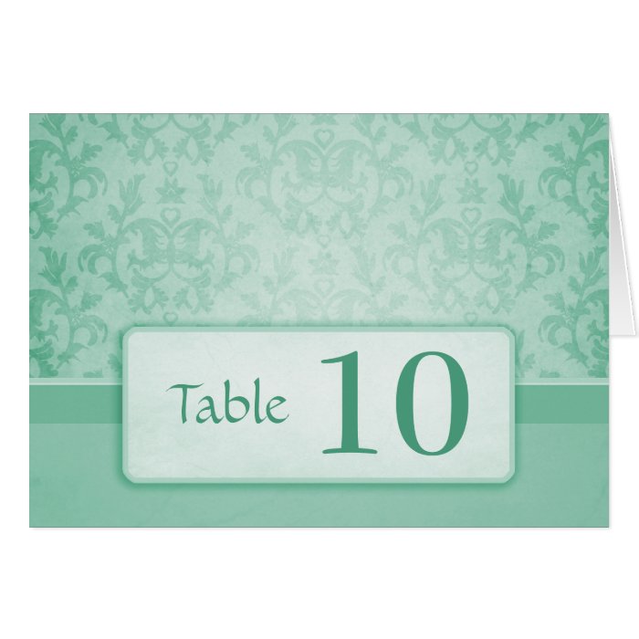 Green damask wedding table number stand up card