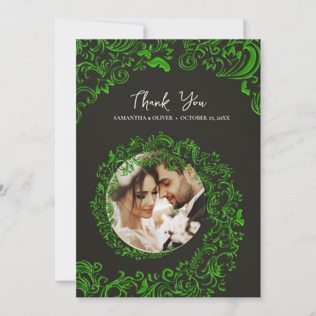 Green Damask Wedding Thank You Photo Card (Front)