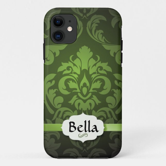 Green Damask with name Case-Mate iPhone Case (Back)