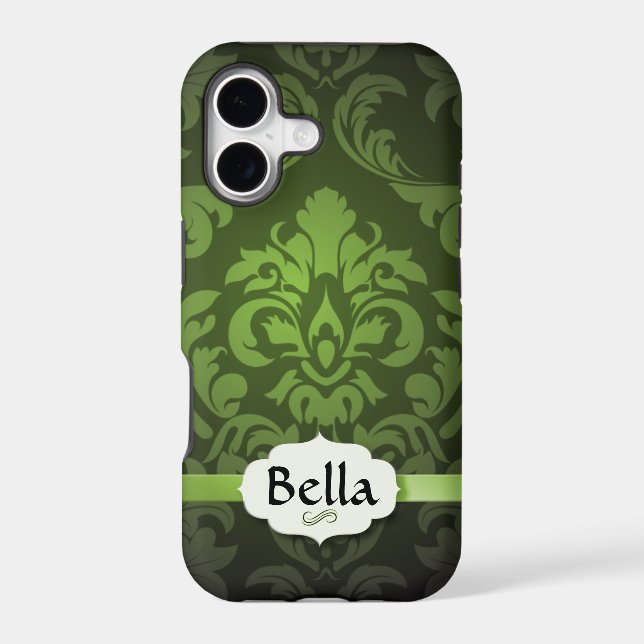 Green Damask with name Iphone Case (Back)
