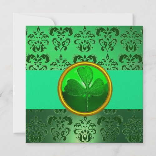 GREEN DAMASK WITH SHAMROCK black Gold Invitation