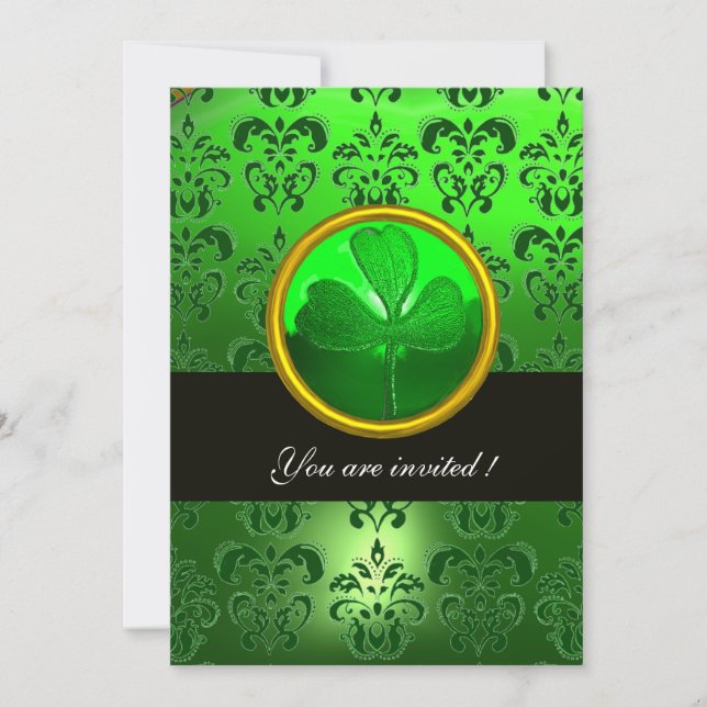 GREEN DAMASK WITH SHAMROCK ,black Invitation (Front)