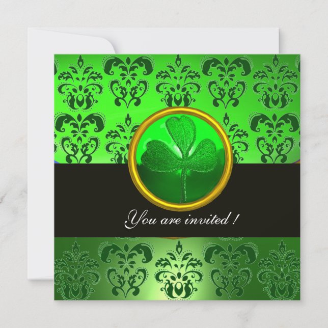 GREEN DAMASK WITH SHAMROCK ,black Invitation (Front)
