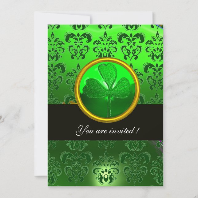 GREEN DAMASK WITH SHAMROCK ,black Invitation (Front)