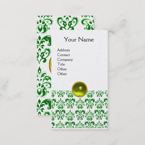 GREEN DAMASK YELLOW GEM MONOGRAM White Pearl Business Card