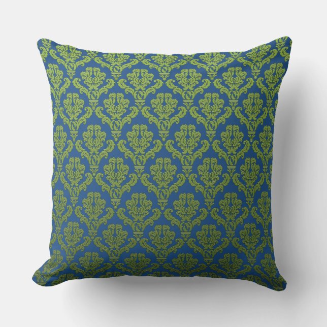 Green Damasks On Blue Throw Pillow (Front)