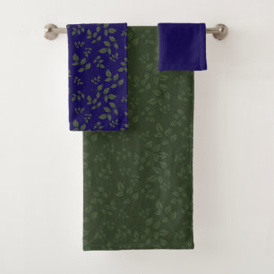 Green dark blue green pattern leaves bath towel set