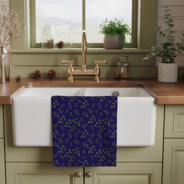 Green dark blue pattern leaves monogram kitchen towel (Creator Uploaded)