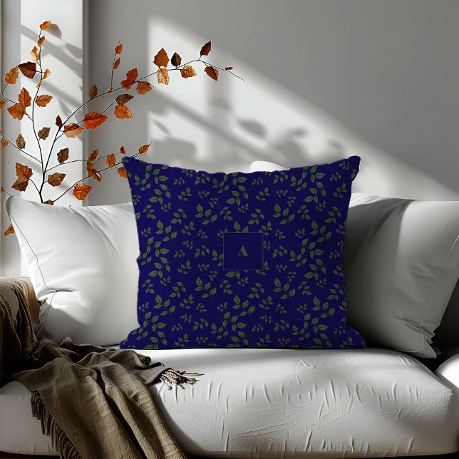 Green dark blue pattern leaves monogram throw pillow (Creator Uploaded)