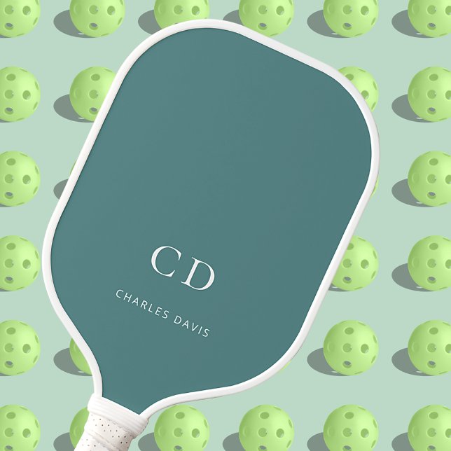 Green dark cyan monogram initials name carbon fiber pickleball paddle  (Creator Uploaded)