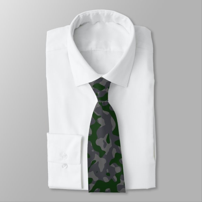 Green, Dark Gray, and Black Camouflage Pattern Neck Tie (Tied)