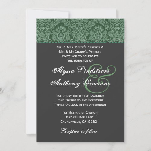 Green Dark Gray  Damask Wedding Invitation