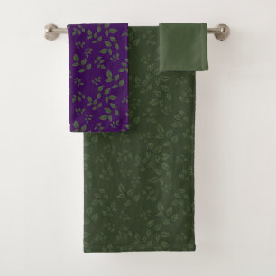 Green dark purple green pattern leaves bath towel set