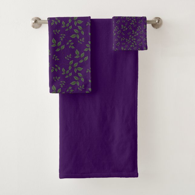 Green dark purple pattern leaves  bath towel set (Insitu)