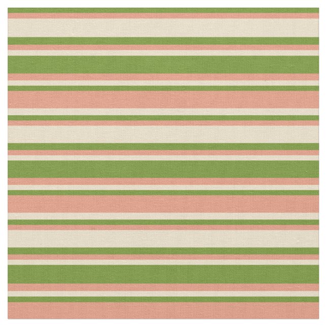 Green, Dark Salmon, and Tan Stripes Fabric (Close Up)