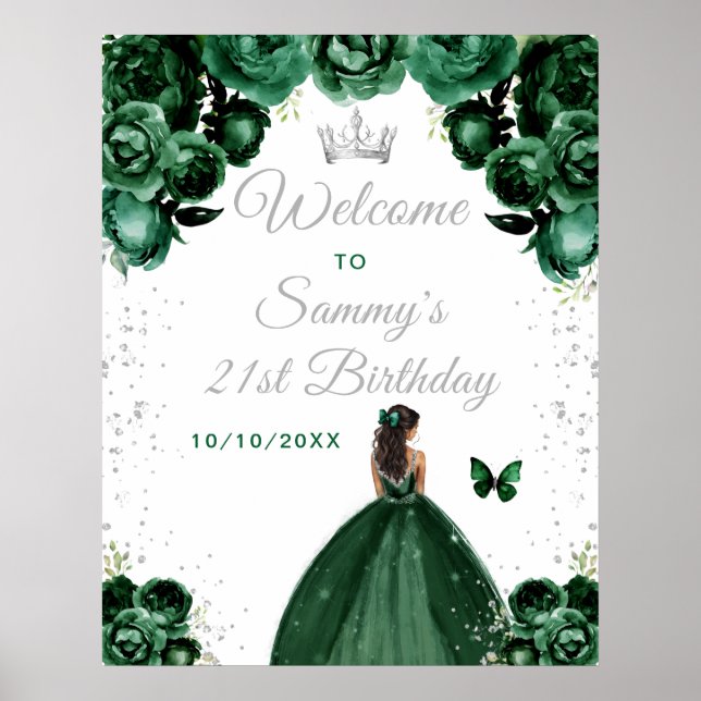 Green Dark Skin Princess Birthday Welcome Poster (Front)