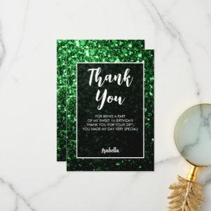 Green dark sparkles Sweet 16 elegant script Thank You Card