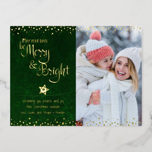 Green Days Be Merry Bright Script Photo Real Gold Foil Holiday Postcard