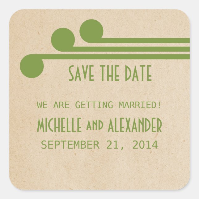 Green Deco Chic Save the Date Stickers (Front)