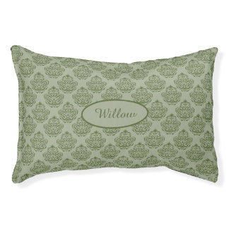 Green Decorative Damask Pattern With Custom Name Pet Bed
