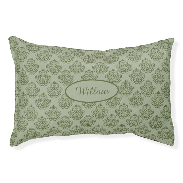 Green Decorative Damask Pattern With Custom Name Pet Bed (Front)