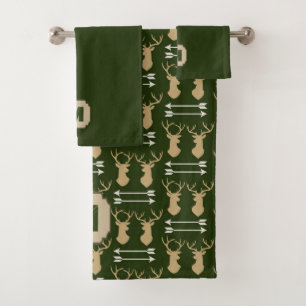 Green Deer Arrow Pattern Monogram Bath Towel Set