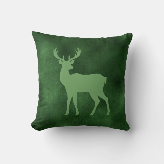 Green Deer Shape On Faux Green Velvet Texture Throw Pillow (Front)