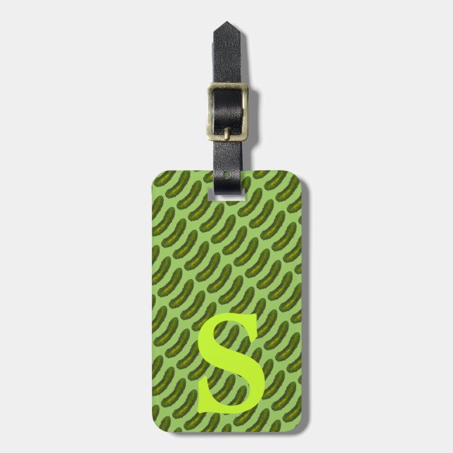 Green Deli Dill Pickle Monogram Personalized Luggage Tag (Front Vertical)
