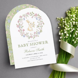 Green Delicate Vintage Floral Bunny Baby Shower Invitation