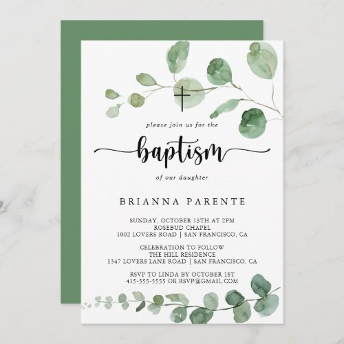 Green Delight Eucalyptus Calligraphy Baptism  Invitation