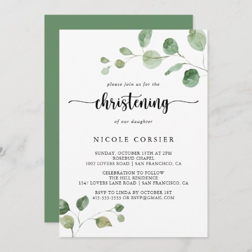 Green Delight Eucalyptus Calligraphy Christening Invitation
