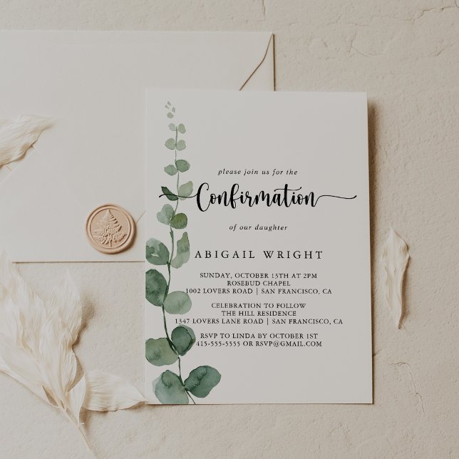 Green Delight Eucalyptus Calligraphy Confirmation  Invitation (Creator Uploaded)