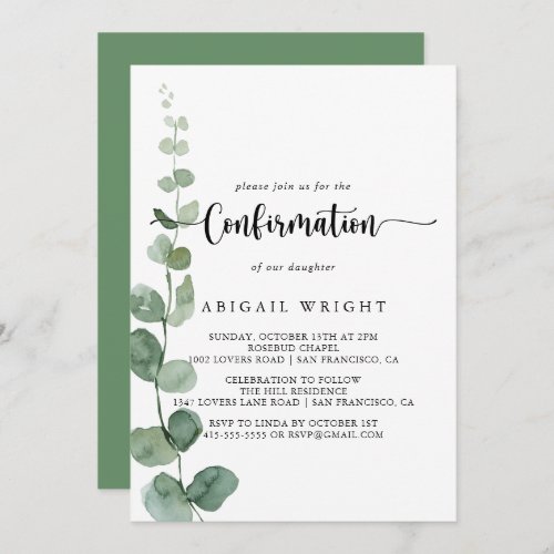 Green Delight Eucalyptus Calligraphy Confirmation  Invitation