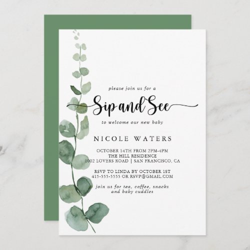 Green Delight Eucalyptus Calligraphy Sip and See  Invitation