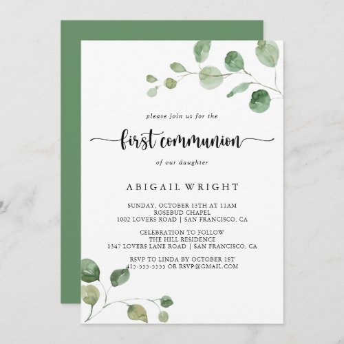 Green Delight Eucalyptus First Communion  Invitation