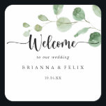 Green Delight Eucalyptus Wedding Welcome   Square Sticker<br><div class="desc">This green delight eucalyptus wedding welcome square sticker is perfect for a simple wedding. The design features watercolor hand-drawn elegant botanical eucalyptus branches and leaves. These labels are perfect for hotel guest welcome bags and destination weddings.</div>