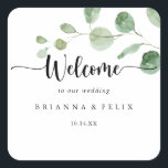 Green Delight Eucalyptus Wedding Welcome   Square Sticker<br><div class="desc">This green delight eucalyptus wedding welcome square sticker is perfect for a simple wedding. The design features watercolor hand-drawn elegant botanical eucalyptus branches and leaves. These labels are perfect for hotel guest welcome bags and destination weddings.</div>