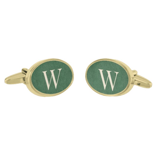 Green Denim Monogram Oval Gold-Plated Cufflinks (Angled)
