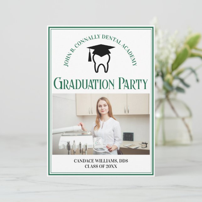 Green Dental School Photo Custom Graduation Party Invitation (Standing Front)