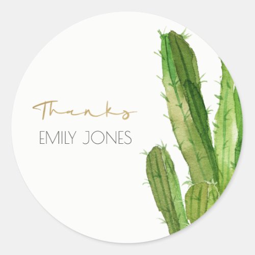 GREEN DESERT CACTUS FOLIAGE WATERCOLOR THANK YOU CLASSIC ROUND STICKER